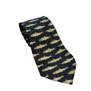 HUNTINGTON Spotted Bass Fishing Black Silk Neck Tie 57" Long x‎ 4" Wide